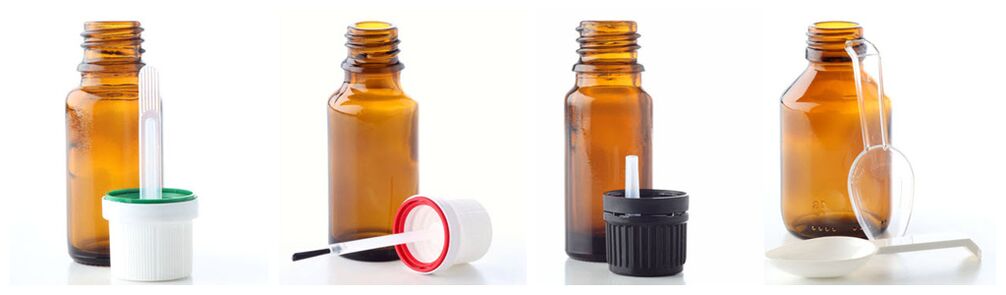 Pipeta, cepillo, dispensador de goteo e culler medidora complementan botellas de vidro para aceites esenciais